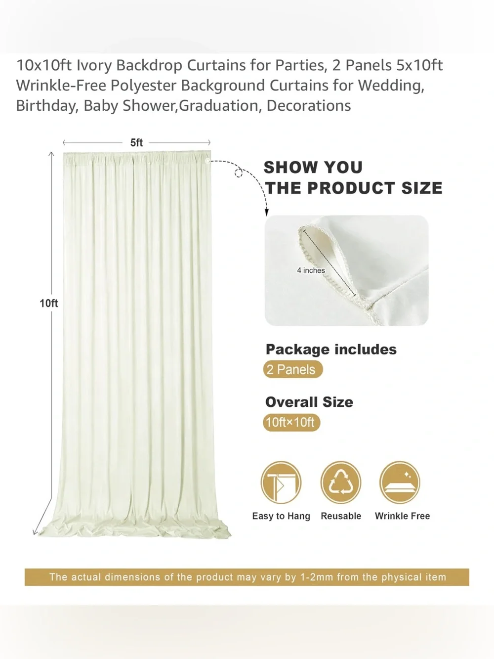 2 (set of 2) Cream, 1 (set of 2) Champagne 5’x10’ Draped Panels Event Backdrop